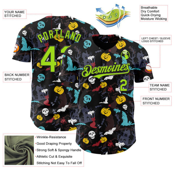 Custom Black Neon Green 3D Halloween Skull Pumpkin Doodle Party Costume Ideas Authentic Baseball Jersey