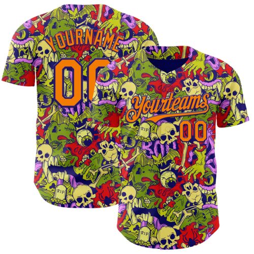 3DPattern10123 Custom Dark Purple Bay Orange 3D Halloween Skull Doodle Party Costume Ideas Authentic Baseball Jersey
