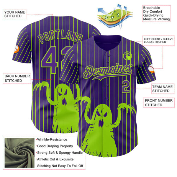 Custom Purple Neon Green Pinstripe Neon Green 3D Halloween Spooky Party Costume Ideas Authentic Baseball Jersey