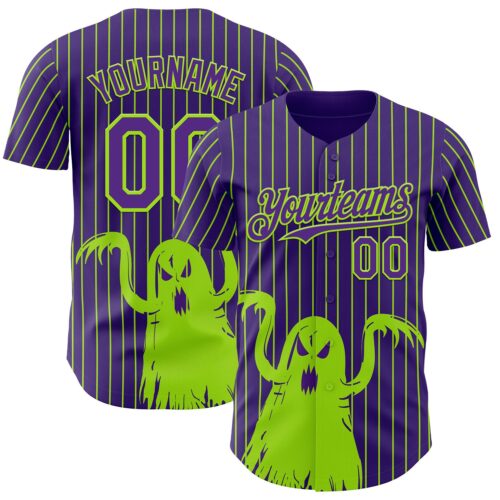 Custom Purple Neon Green Pinstripe Neon Green 3D Halloween Spooky Party Costume Ideas Authentic Baseball Jersey