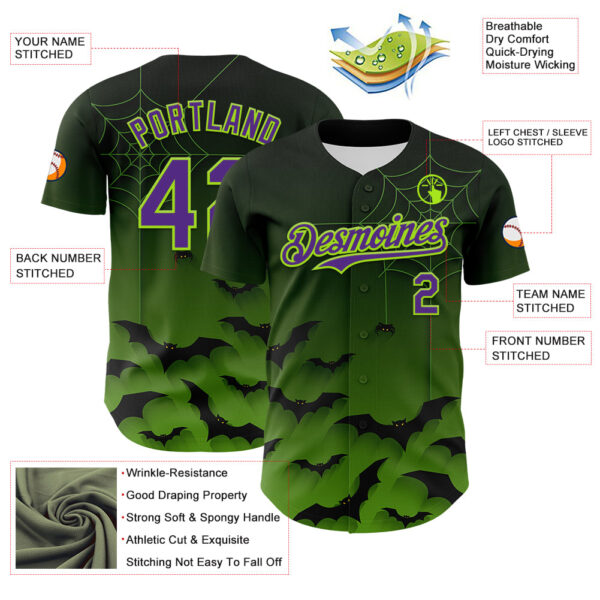 Custom Green Purple Black-Neon Green 3D Halloween Spider Net Bats Party Costume Ideas Authentic Baseball Jersey