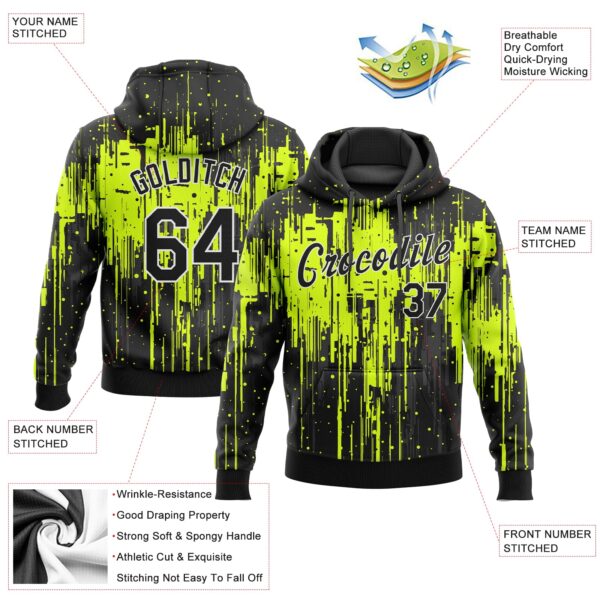 Custom Stitched Neon Green Black-White 3D Pattern Design Dripping Splatter Art Sports Pullover Sweatshirt Hoodie