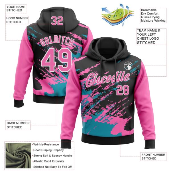 Custom Stitched Black Pink Teal-White 3D Pattern Design Abstract Fragment Art Splash Sports Pullover Sweatshirt Hoodie