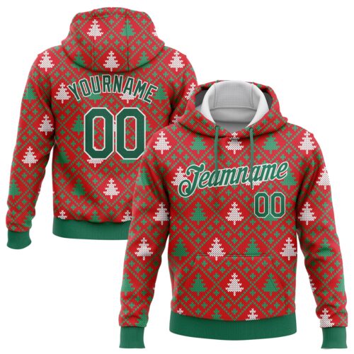 3DPattern1056 Custom Stitched Red Kelly Green-White 3D Christmas Trees Sports Pullover Sweatshirt Hoodie