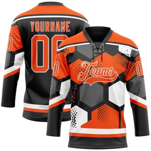 3DPattern11286 Custom Orange Black-White 3D Pattern Geometric Shape Hockey Lace Neck Jersey
