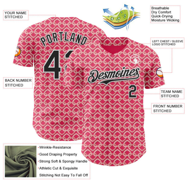 Custom Neon Pink Black-White Valentine's Day Love Heart Authentic Baseball Jersey