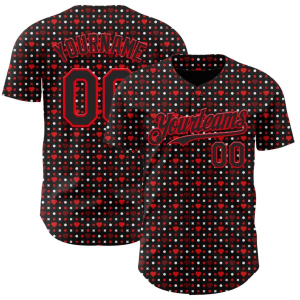 Custom Black Fire Red Valentine's Day Love Heart Authentic Baseball Jersey