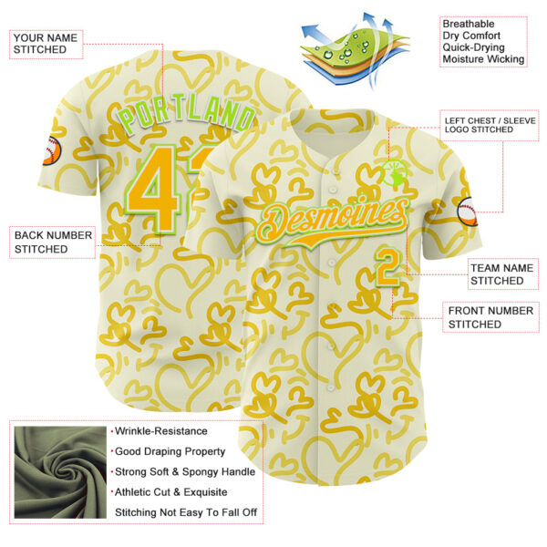 Custom Cream Gold Neon Green-White Valentine's Day Love Heart Authentic Baseball Jersey
