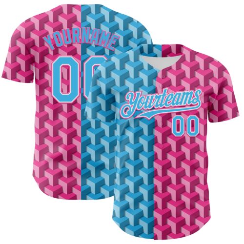 3DPattern11569 Custom Sky Blue Pink-White Valentine's Day Gradient Love Heart Authentic Baseball Jersey