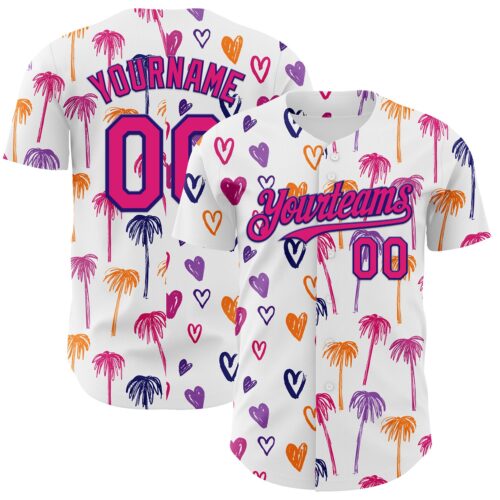 3DPattern11577 Custom White Hot Pink-Dark Purple Valentine's Day Love Heart Authentic Baseball Jersey