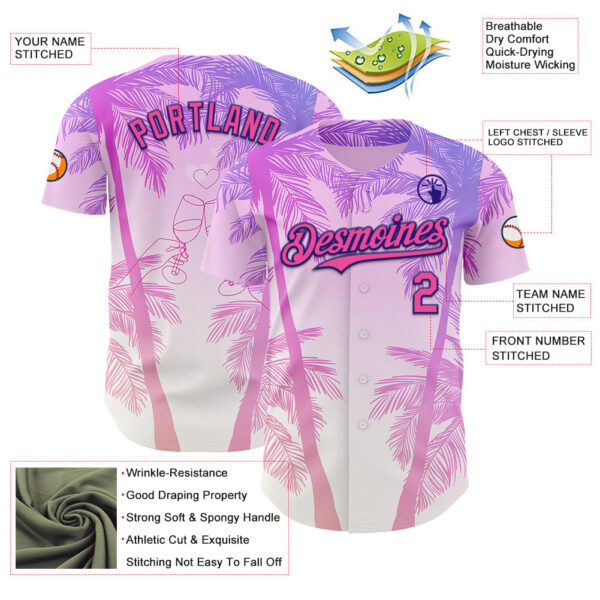Custom Pink Dark Purple-White Valentine's Day Gradient Coconut Trees Authentic Baseball Jersey
