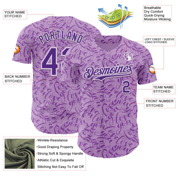 Custom Light Purple Purple-White Valentine's Day Love Authentic Baseball Jersey