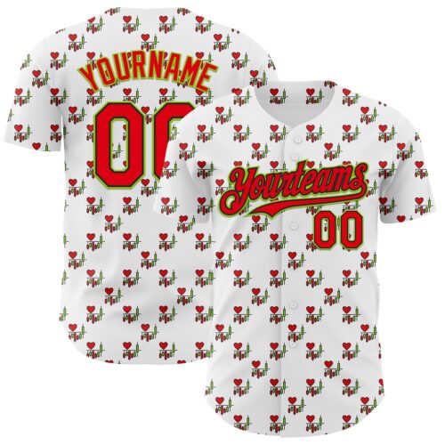 3DPattern11593 Custom White Fire Red Black-Neon Green Valentine's Day Love Heart Authentic Baseball Jersey