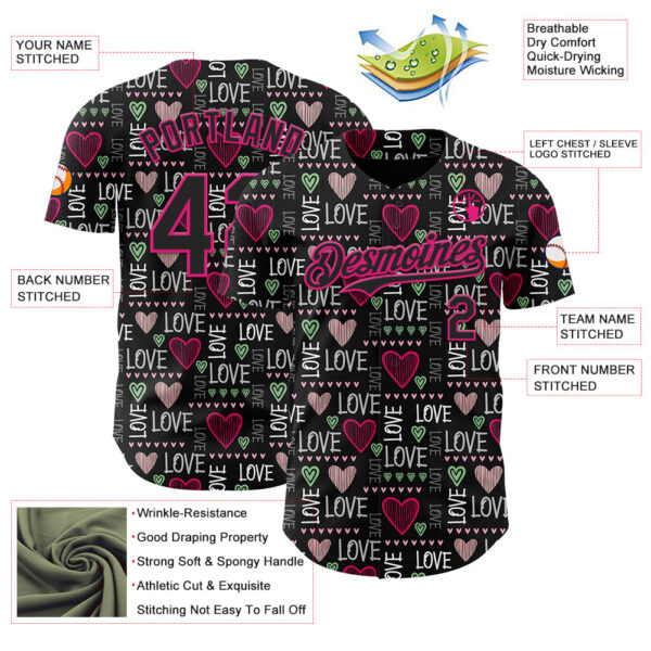 Custom Black Hot Pink Valentine's Day Love Heart Authentic Baseball Jersey