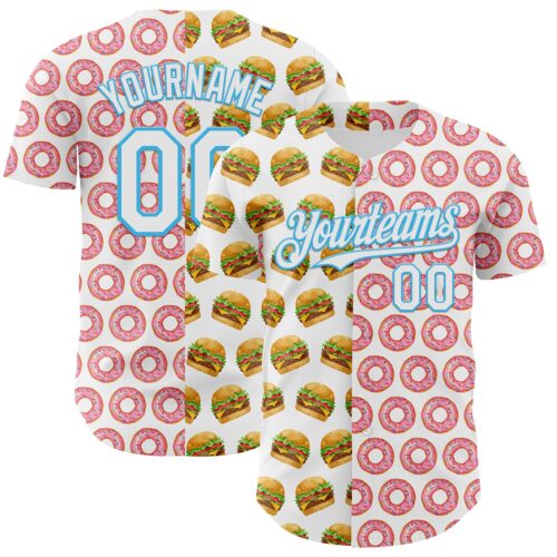 Custom White Sky Blue Valentine's Day Donut Meets Hamburger Authentic Baseball Jersey