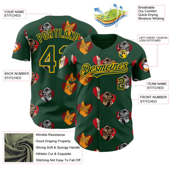 Custom Green Yellow Valentine's Day Love Heart Authentic Baseball Jersey