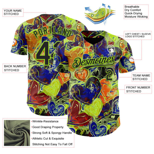 Custom Black Neon Green Valentine's Day Love Heart Authentic Baseball Jersey