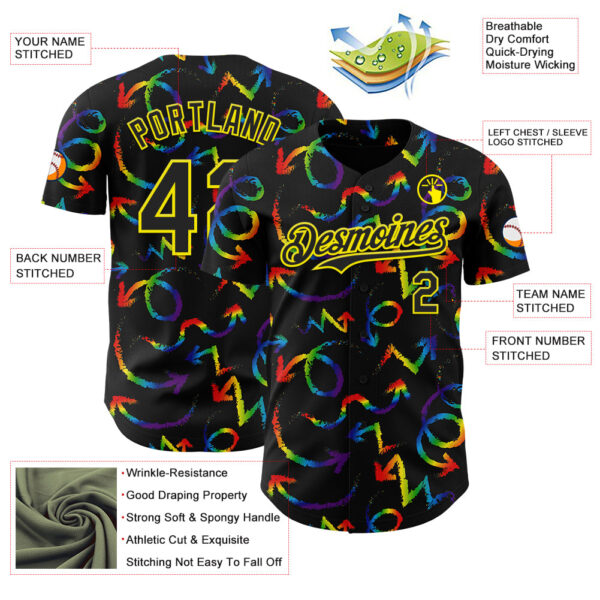 Custom Black Light Yellow Valentine's Day Arrow Pride Month Love Is Love Authentic Baseball Jersey