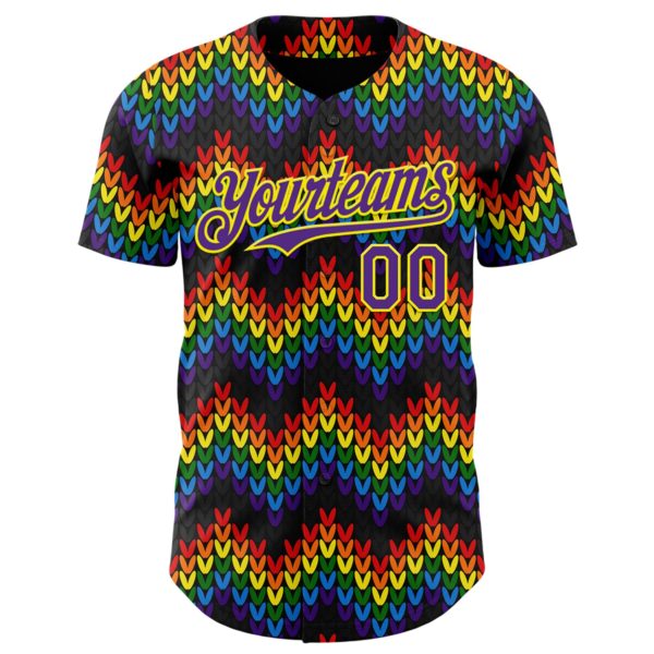 Custom Black Purple-Light Yellow Valentine's Day Love Heart Pride Month Love Is Love Authentic Baseball Jersey