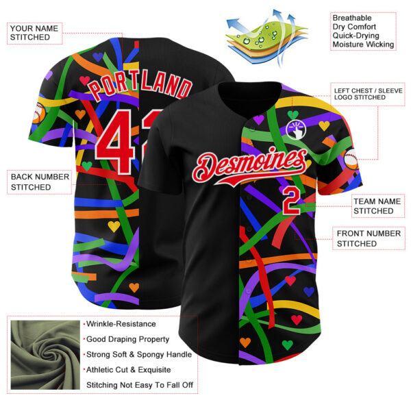 Custom Black Fire Red-White Valentine's Day Love Heart Pride Month Love Is Love Authentic Baseball Jersey