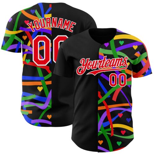 3DPattern11607 Custom Black Fire Red-White Valentine's Day Love Heart Pride Month Love Is Love Authentic Baseball Jersey