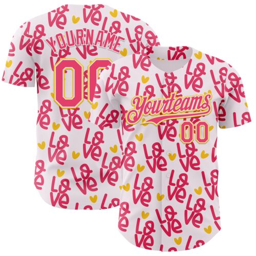 Custom Light Pink Neon Pink Yellow-White Valentine's Day Love Heart Authentic Baseball Jersey
