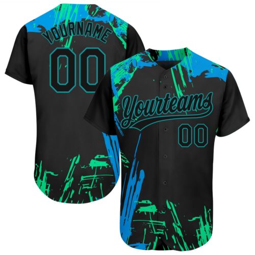 3DPattern1171 Custom Black Black Teal-Light Blue 3D Pattern Design Authentic Baseball Jersey