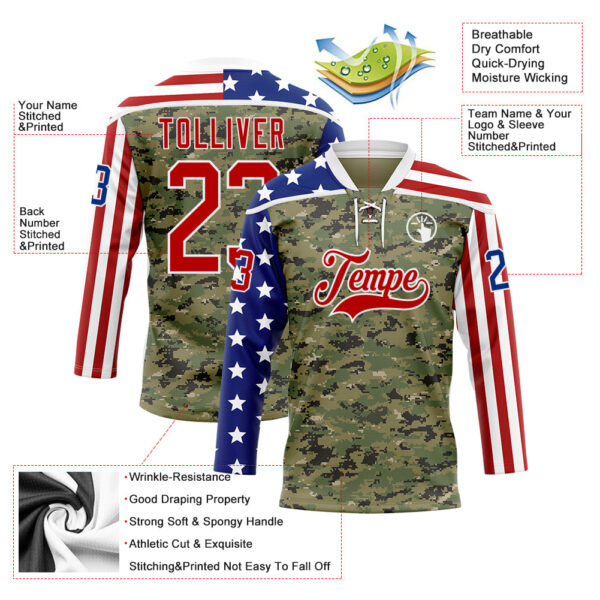 Custom Camo Red Royal-White American Flag Camouflage Hockey Lace Neck Jersey