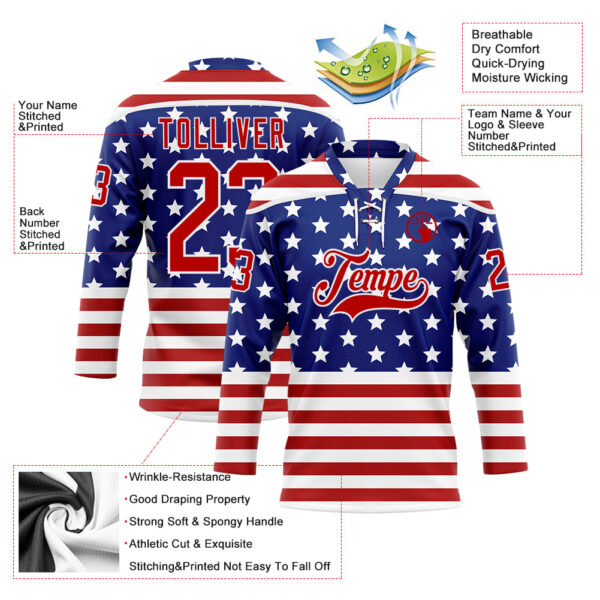Custom White Red-Royal American Flag Hockey Lace Neck Jersey