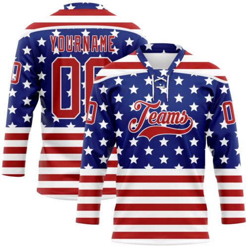 Custom White Red-Royal American Flag Hockey Lace Neck Jersey