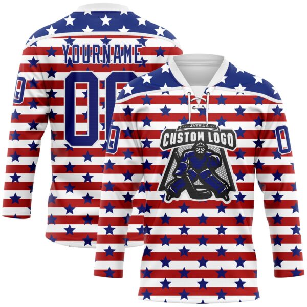 Custom White Royal-Red American Flag Hockey Lace Neck Jersey