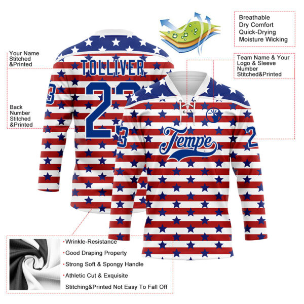 Custom White Royal-Red American Flag Hockey Lace Neck Jersey