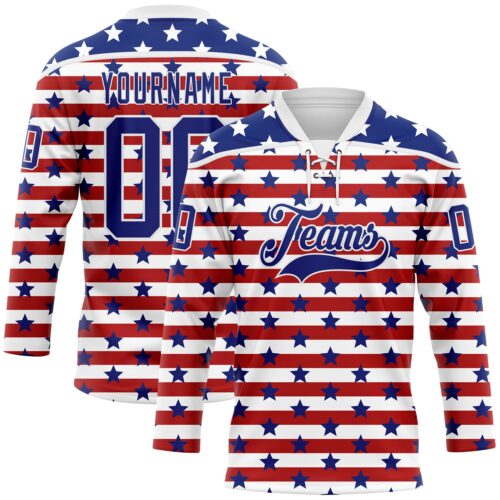 Custom White Royal-Red American Flag Hockey Lace Neck Jersey