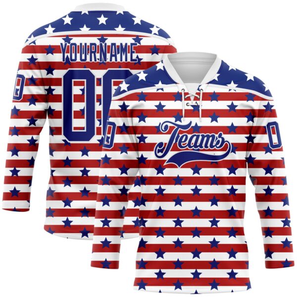 Custom White Royal-Red American Flag Hockey Lace Neck Jersey