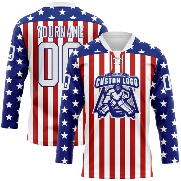 Custom White Red-Royal American Flag Hockey Lace Neck Jersey