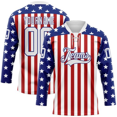 Custom White Red-Royal American Flag Hockey Lace Neck Jersey