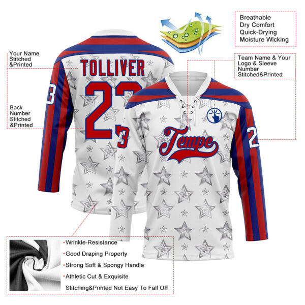 Custom White Red-Royal American Flag Hockey Lace Neck Jersey