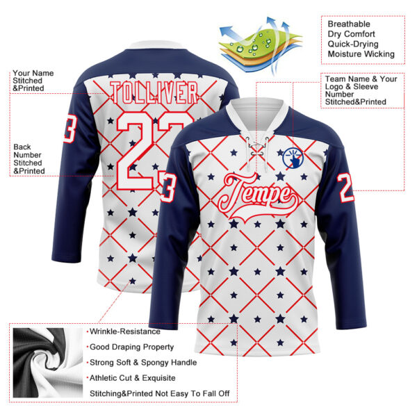 Custom White Navy-Fire Red American Flag Hockey Lace Neck Jersey
