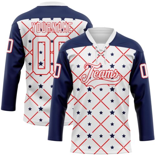 Custom White Navy-Fire Red American Flag Hockey Lace Neck Jersey
