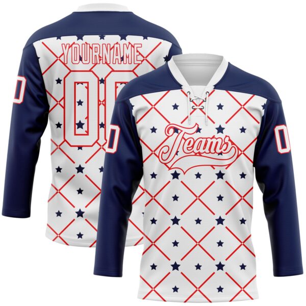 Custom White Navy-Fire Red American Flag Hockey Lace Neck Jersey