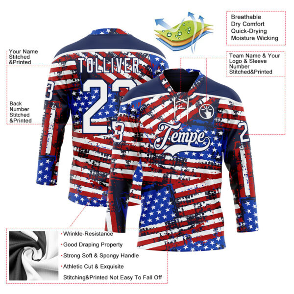 Custom Navy White Red-Royal American Flag Grunge Hockey Lace Neck Jersey