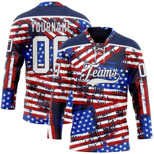 Custom Navy White Red-Royal American Flag Grunge Hockey Lace Neck Jersey