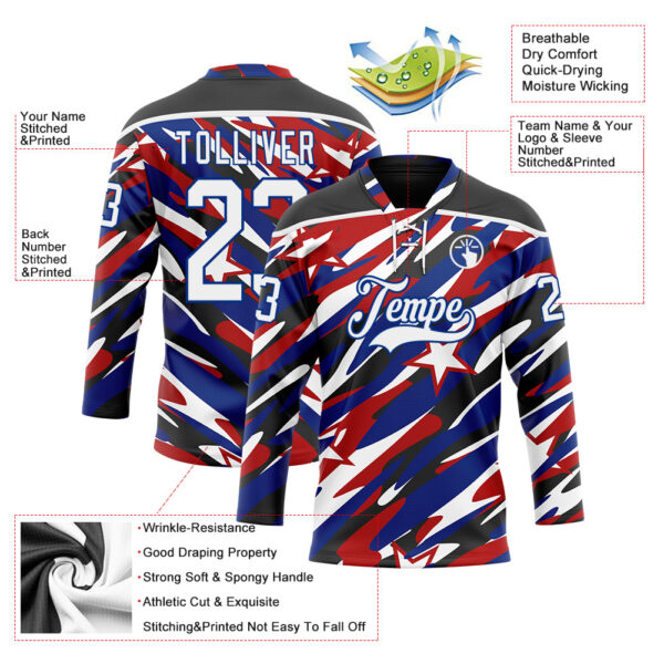 Custom Black White Red-Royal American Flag Hockey Lace Neck Jersey