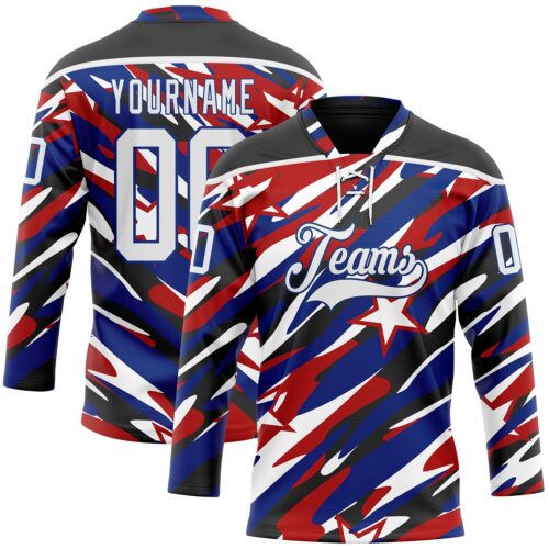 Custom Black White Red-Royal American Flag Hockey Lace Neck Jersey