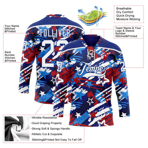 Custom Royal White-Red American Flag Hockey Lace Neck Jersey