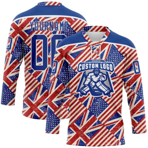 Custom Royal Red Cream-White American Flag Grunge Hockey Lace Neck Jersey
