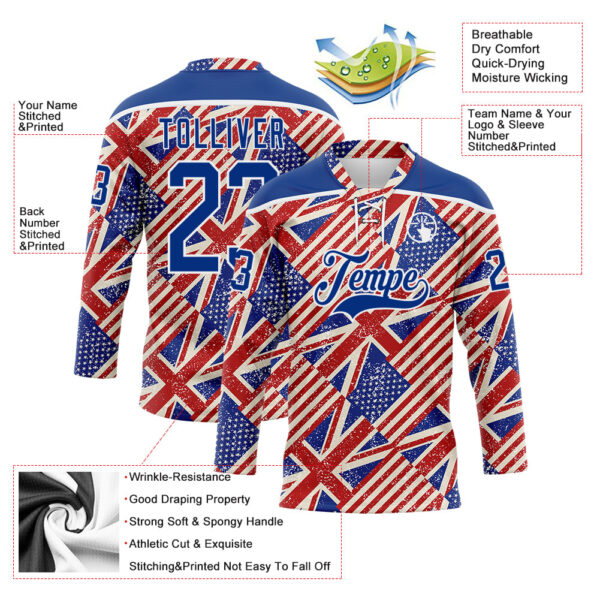 Custom Royal Red Cream-White American Flag Grunge Hockey Lace Neck Jersey