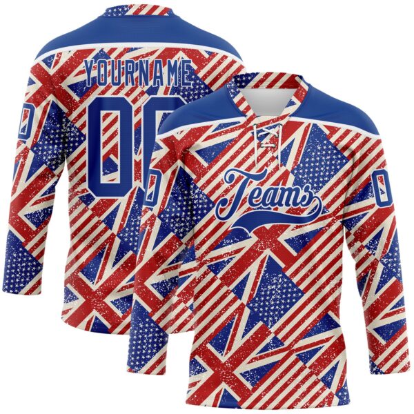 Custom Royal Red Cream-White American Flag Grunge Hockey Lace Neck Jersey