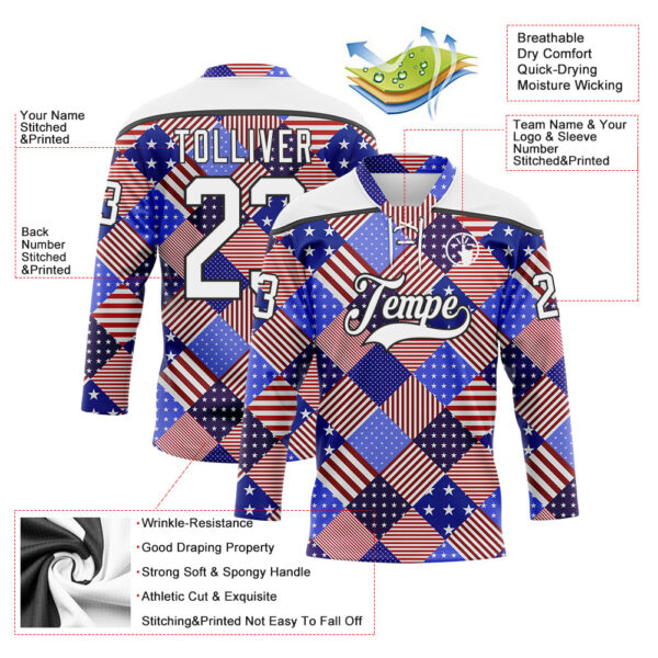 Custom White Royal Red-Black American Flag Hockey Lace Neck Jersey