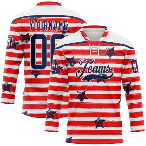 Custom White Navy Red-White American Flag Hockey Lace Neck Jersey